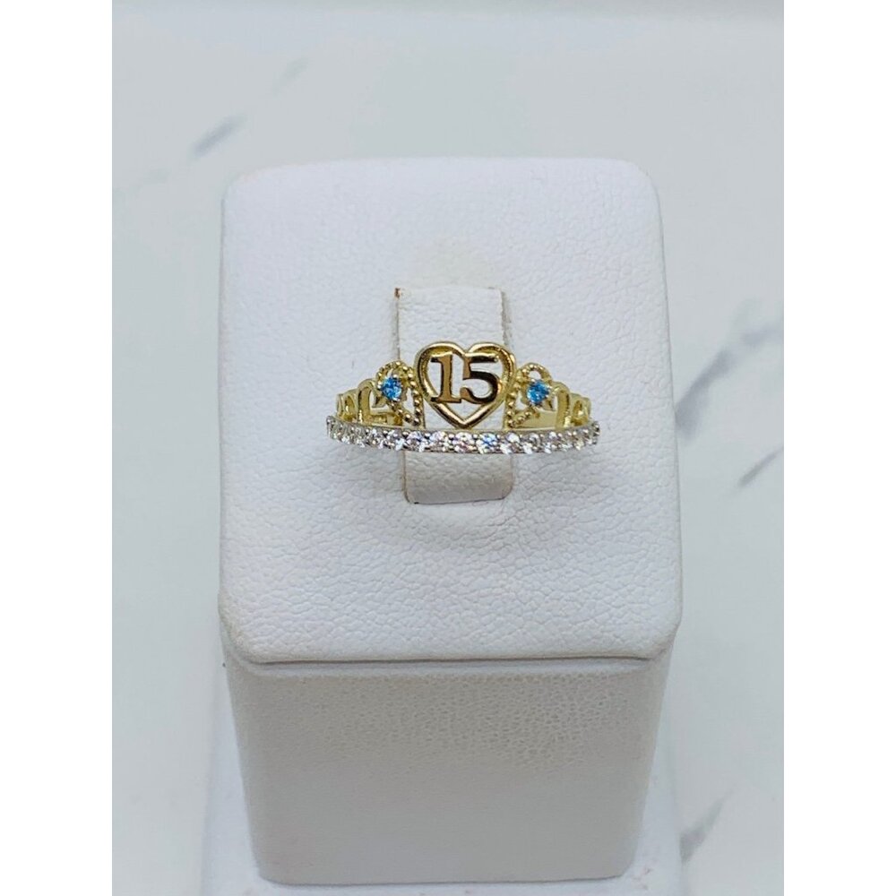 10k solid gold ring sweet 15 crown tiara heart ❤️ Blue Size 7